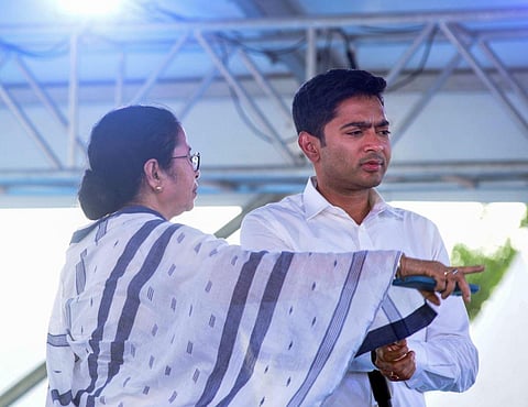 TMC General Secretary Abhishek Banerjee with West Bengal Chief Minister Mamata Banerjee. (Photo | PTI)