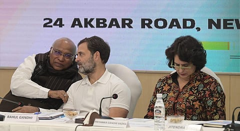 Congress President Mallikarjun Kharge with party leaders Rahul Gandhi, Priyanka Gandhi at AICC headquarters in Delhi. | Shekhar Yadav