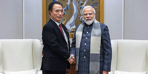 Prime Minister Narendra Modi during a meeting with Mizoram Chief Minister Lalduhoma. (Photo | PTI)