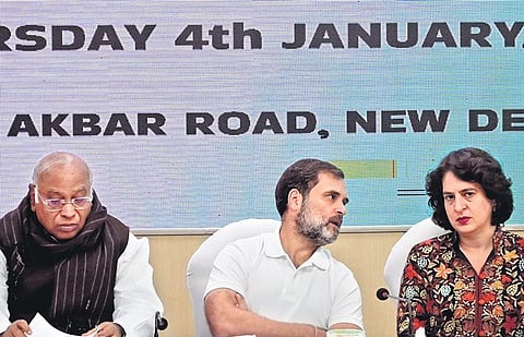 Congress President Mallikarjun Kharge with Rahul Gandhi, Priyanka Gandhi Vadra during a meeting at AICC headquarters in New Delhi on Thursday | Shekhar Yadav