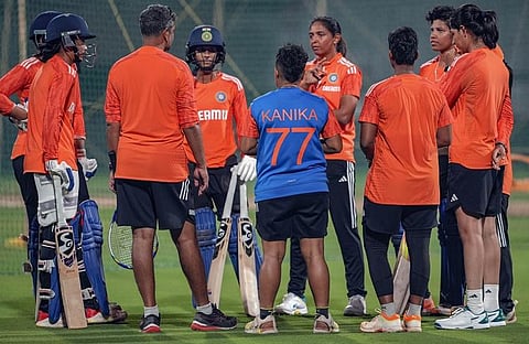India Women's captain Harmanpreet Kaur, Jemimah Rodrigues and others during a practice session ahead of a T20 cricket match between India Women and Australia Women at DY Patil Stadium (Photo | PTI)