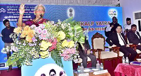 Union Finance Minister Nirmala Sitharaman speaks during the Viksit Bharat Sankalp Yatra event, organised at Kodambakkam, in Chennai on Thursday (Photo | P Jawahar, EPS)