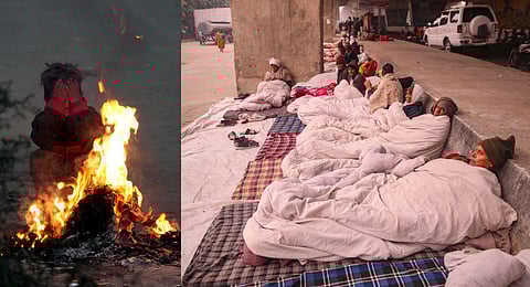 (L-R) A boy sits near a bonfire during a cold and foggy winter morning, in New Delhi. Farmers during their protest outside the NTPC office on a cold winter day, in Noida. (Photo | PTI)