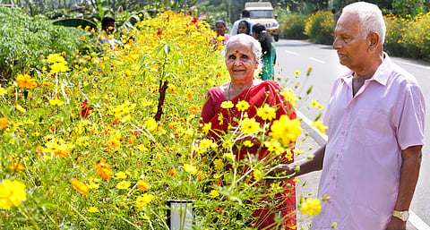 Vasudevan Pillai and Santhakumari in the garden set up by them on road side on Wednesday. (Photo | Shaji Vettipuram)