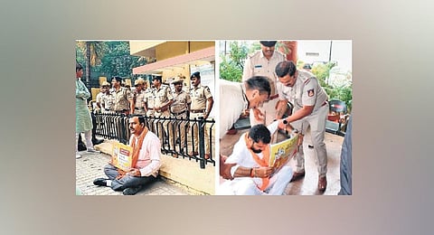 (Left) BJP Karkala MLA Sunil Kumar protests against the recent arrest of a karsevak in Hubballi.  Police prevent former BJP MLA CT Ravi from continuing his agitation. (Photo | Express)