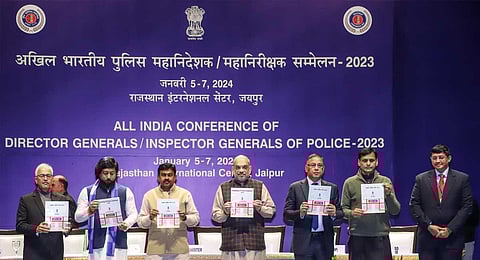 Union Home Minister Amit Shah with Union Ministers of State for Home Affairs Ajay Kumar Mishra and others during the 58th DGPs/IGPs Conference 2023, in Jaipur, Friday, Jan. 5, 2024. (PTI)