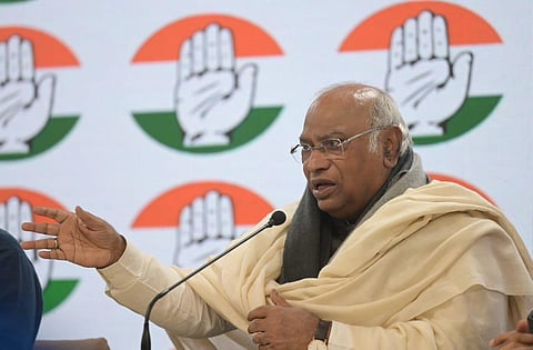Congress President Mallikarjun Kharge addresses a press conference in New Delhi on Saturday. (Photo | Shekhar Yadav)
