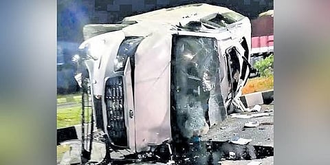 The severely damaged car of YSRC MLC Parvathareddy Chandrasekhar Reddy in a road mishap in Kodavalur mandal in Nellore district on Friday | Express