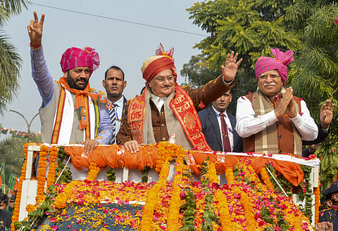 BJP National President JP Nadda with Haryana CM Manohar Lal during a roadshow, in Panchkula, Saturday, Jan. 6, 2024. (Photo | PTI)