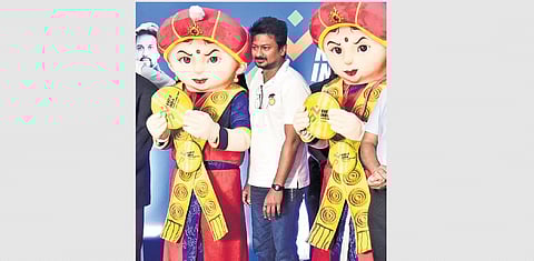 Udhayanidhi Stalin with the game’s mascot, ‘Veera Mangai. (Photo | P Jawahar, EPS)