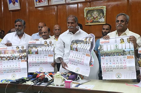 Puducherry Chief Minister N Rangasamy releasing the official government calendar for the year 2024 in Puducherry on December 28. (Photo | R Sriram, EPS)