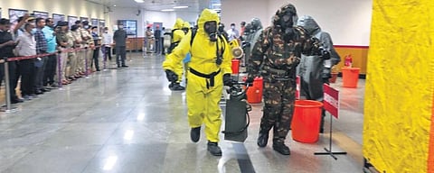 A mock drill, preparing for a chemical attack, under way at the Vidhana Soudha Metro station in Bengaluru | Express