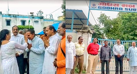 Accused in the Bilkis Bano case of the 2002 riots, come out of the Godhra sub-jail after the Gujarat government allowed their release under its remission policy, in Godhra.