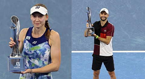 Elena Rybakina of Kazakhstan and Grigor Dimitrov of Bulgaria pose with their Brisbane International trophies. (Photo | AP)