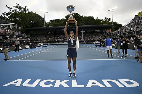 Coco Gauff of the United States holds her trophy aloft after defeating Elina Svitolina of Ukraine in the final of the ASB Tennis Classic in Auckland, New Zealand, Sunday, Jan. 7, 2024. (Photo | AP)