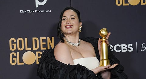 Lily Gladstone poses in the press room with the award for best performance by an actress in a motion picture, drama for 'Killers of the Flower Moon' at the 81st Golden Globe Awards .(Photo | AP)