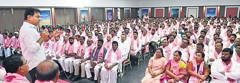 BRS working president KT Rama Rao addresses party workers from Zaheerabad  Lok Sabha constituency at Telangana Bhavan on Sunday
