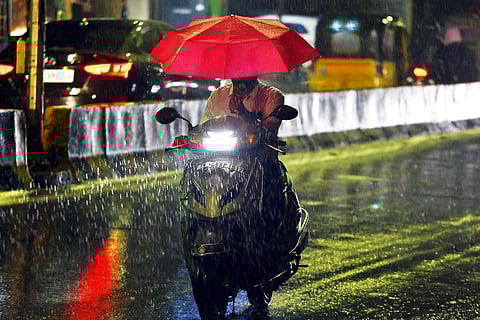 A motorist takes the risk of holding an umbrella during the rain in Chennai, on Jan 7, 2023. (Photo | P Ravikumar)