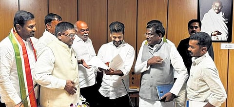 Chief Minister A Revanth Reddy during the Congress’ preparatory meeting for the Lok Sabha elections at MCRHRD Institute in Hyderabad on Monday