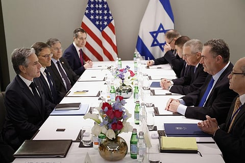 US Secretary of State Antony Blinken (L), attends a meeting with Israel's Foreign Minister Israel Katz (R 2nd), in Tel Aviv, Israel, Jan. 9, 2024. (Photo | AP)