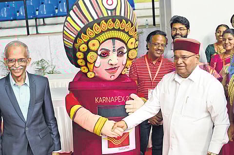 Governor Thawarchand Gehlot at the 13th Karnataka State-level Philately Exhibition at Kanterava indoor Stadium in Bengaluru on Monday | Nagaraja Gadekal
