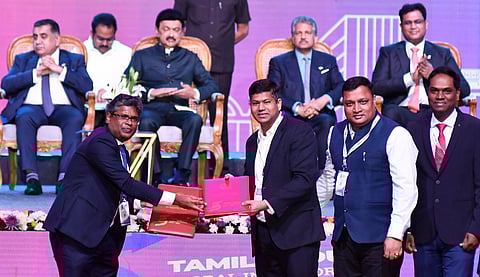 Tamil Nadu CM MK Stalin at the Exchange of Mous and valedictory function during the TNGIM closing ceremony at Chennai Trade centre in Nandhambakkam on Monday. (Photo | P. Ravikumar, EPS)