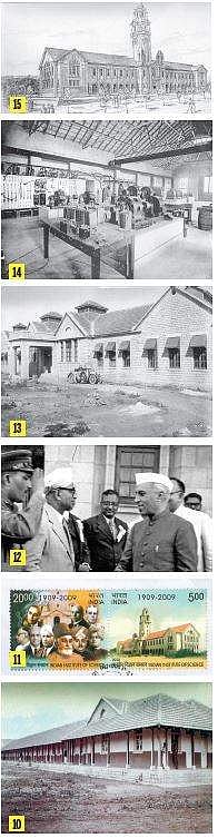 10. Students hostel in 1920s 11. IISc Centenary Commemorative Stamp 12. India’s first Prime Minister Jawaharlal Nehru at IISc 13. General and Applied Chemistry department in 1909 14. The electro-techno department in 1913 15. Sketch prepared by the architect of the institute Charles F Steven and Co, the contractor was T C W Skitt. The construction was supervised by Norris W Travers  Archives and Publications Cell of IISc