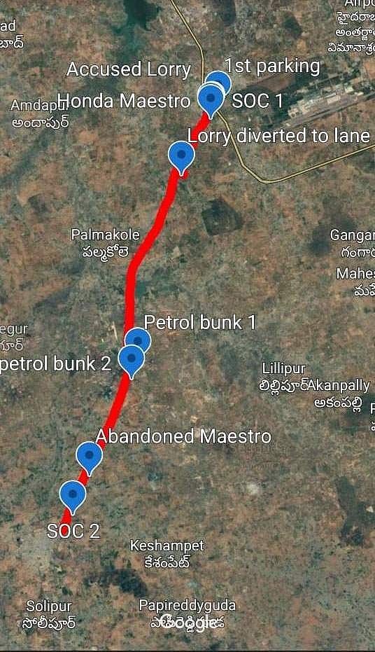 The route taken by the accused along with the doctor's body and scooter, till the place where her body was set on fire.