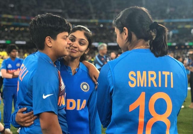 Shafali Verma with Radha Yadav and Smriti Mandhana (Photo | ICC Twitter)