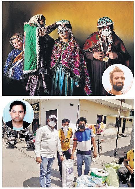 From top: A photograph auctioned by Ashish Sulkh (inset) to gather funds for PM CARES; volunteers from Vikas Dayal’s NGO Aadharshila distributing dry ration