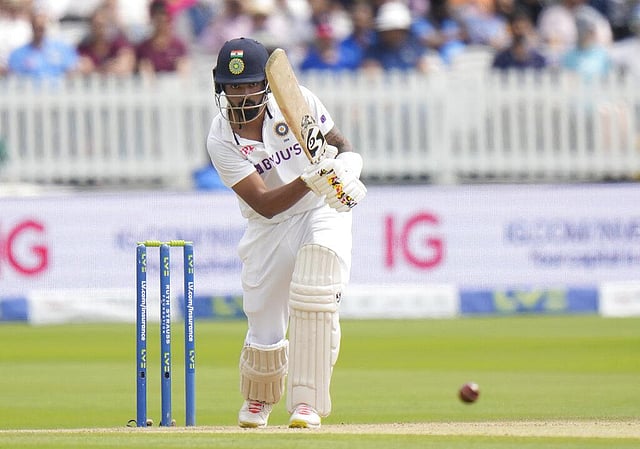 India's KL Rahul plays a shot off the bowling of England's James Anderson during the fourth day of the second Test between England and India. (Photo | AP)