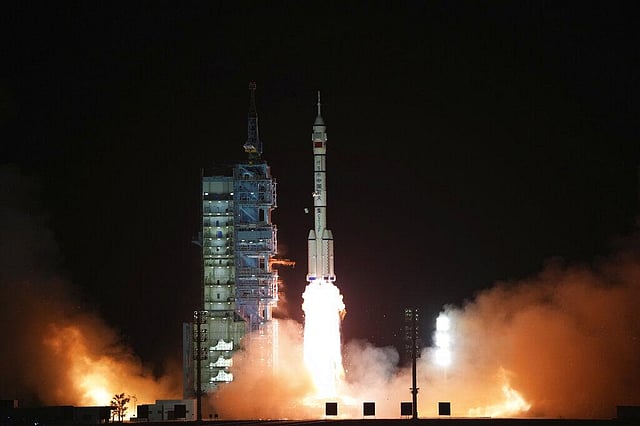 The manned spaceship Shenzhou-15, atop the Long March-2F Y15 carrier rocket, blasts off from the Jiuquan Satellite Launch Center in northwestern China on Tuesday, Nov. 29, 2022 | AP