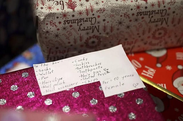 The contents of a holiday present for children in Ukraine prepared by Bosnian children are written on a box at the War Childhood Museum in Sarajevo, Bosnia. (Photo | AP)
