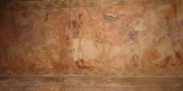 Manu Neeti Chola mural in the Natya mandapa of the Virabhadra Temple in Lepakshi, Andhra Pradesh: After the ruler decides that his son should meet the same fate as the dead calf, the sentence is executed.