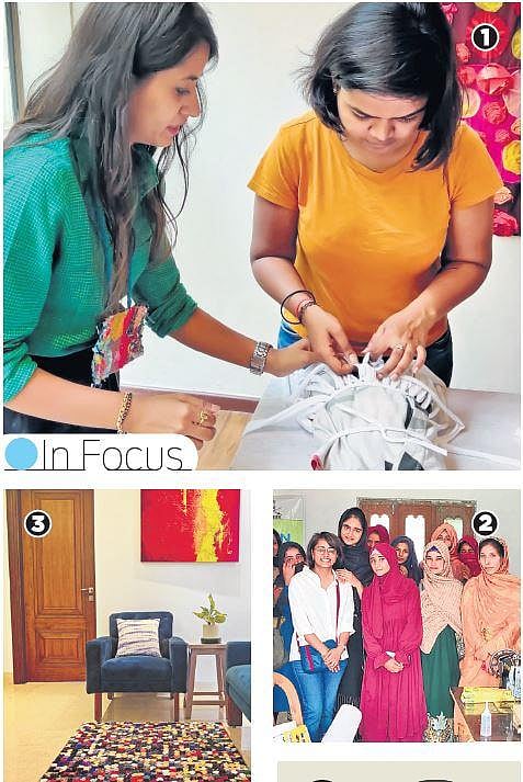 (1) An urban workshop by Katran; (2) Swati Soharia (in white) with a cluster of women working with the organisation; (3) an upcycled rug designed by the team