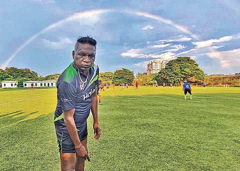 I M Vijayan during a match between Bolgatty FC and former Kerala Police players at Ambedkar Stadium in March last year