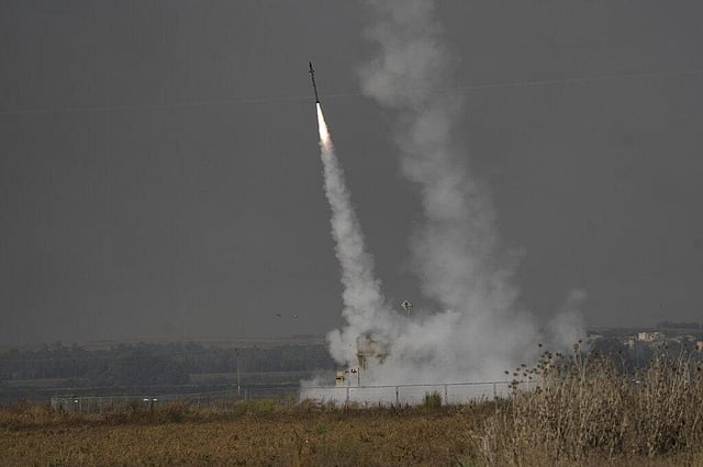Israel's Iron Dome anti-missile system fires to intercept a rocket launched from the Gaza Strip towards Israel, near the Israeli-Gaza border. (Photo | AP)