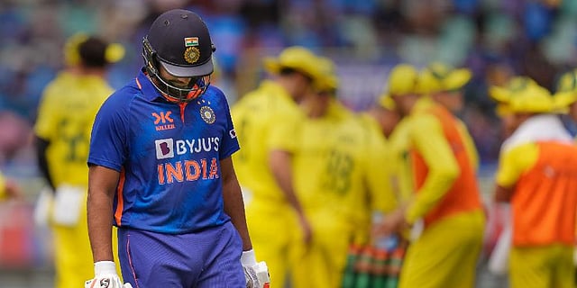 Indian batter Rohit Sharma walks off the field after being dismissed during the second ODI cricket match between India and Australia. (Photo | PTI)