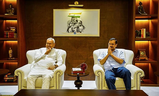 Delhi Chief Minister Arvind Kejriwal (R) with Bihar Chief Minister Nitish Kumar during a meeting, in New Delhi, Wednesday, April 12, 2023. (Photo | PTI)