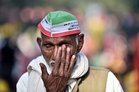 A farmer participating in the Kisan Mukti March in New Delhi Friday. (Photo | PTI)