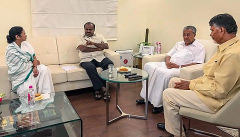 (L-R) West Bengal CM Mamata Banerjee, Karnataka CM H D Kumaraswamy Kerela CM Pinarayi Vijayan and Andhra Pradesh CM N Chandrababu Naidu during a meeting at Andhra Bhawan in New Delhi on June, 16 2018. (PTI Photo)