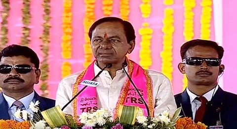 Former Telangana CM K Chandrasekhar Rao addressing Pragathi Nivedana Sabha at Kongara Kalan in Ranga Reddy district. 