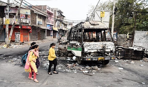 Burned vehicles at Ghonda Chowk in North East Delhi. (Photo | Parveen Negi, EPS)