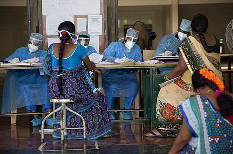 Pregnant women awaiting COVID-19 checkup at Indra Gandhi Medical college in Puducherry. (Photo.|  EPS/ G Pattabi Raman)