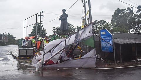A damaged temporary tent during cyclone 'Amphan' on Jaleswar-Digha road on Wednesday. (Photo | Viswanath Swain/EPS)
