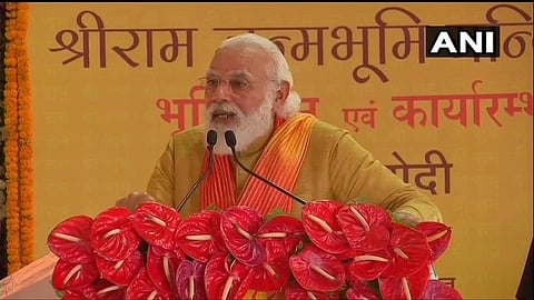 PM Modi addresses attendees of the groundbreaking ceremony for Ram Mandir in Ayodhya. (Photo | Twitter/ANI)