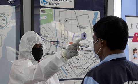 Thermal scanning at Saidapet Metro station in Chennai as metro operations to resume from September 7 (Photo | Martin Louis, EPS)