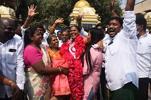 DMK candidate Sherly Jai along with supporters celebrates victory. (Photo | Ashwin prasath, EPS)