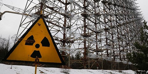 A radioactivity sign in Chernobyl, Ukraine. (Photo | AP)