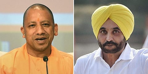 Uttar Pradesh CM Yogi Adityanath (L) and AAP's Punjab CM face Bhagwant Mann. (Photo | Agencies)